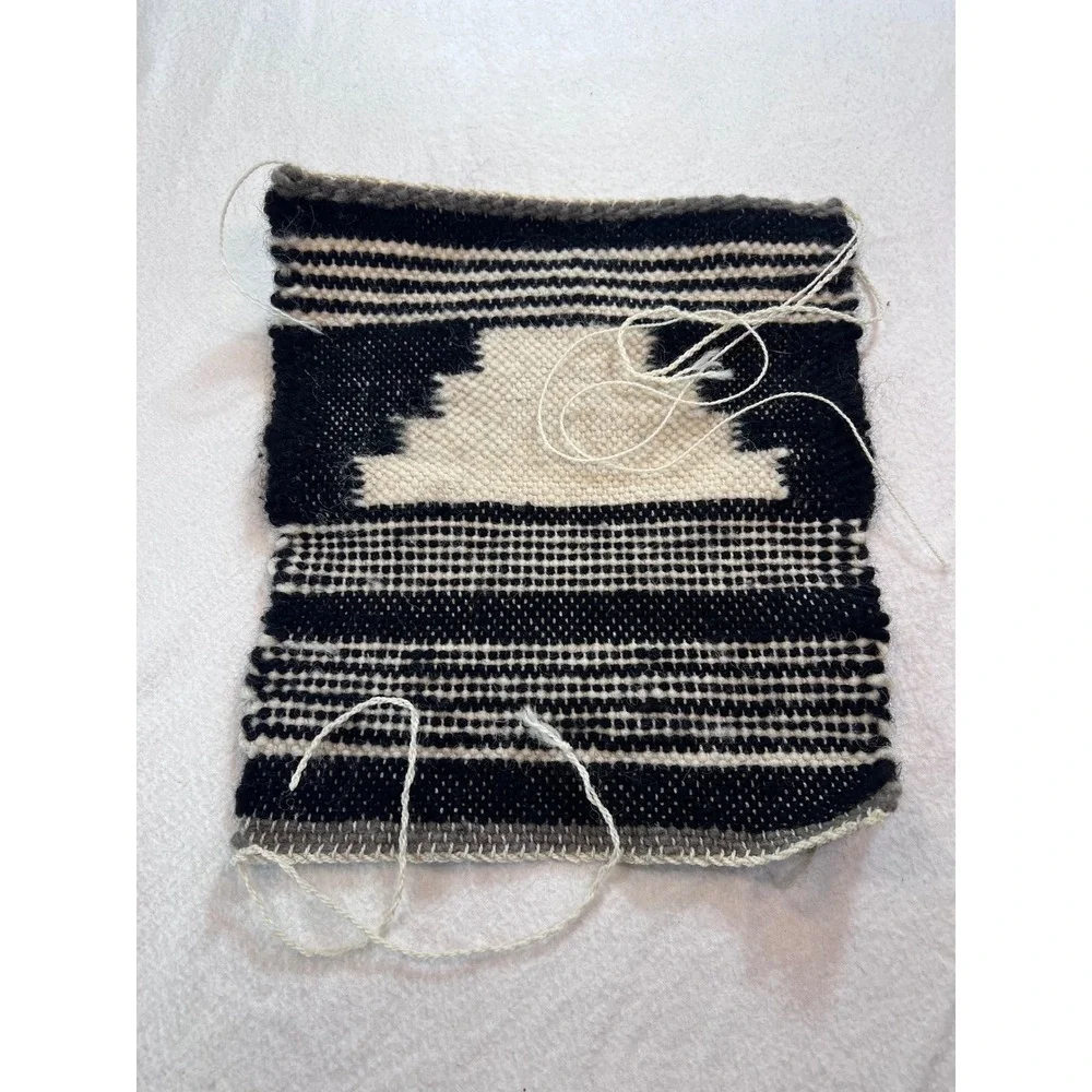 Handwoven Wool Geometric Textile Black White Southwestern Small Rug Wall Hanging